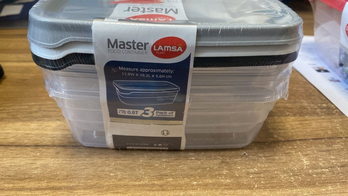 Lamsa Master Plastic Food Containers for Organised Kitchen Storage 3 Pack Stackable 0.6L 11.8x16.2x5.6cm BPA-Free Grey/Clear 160g SKU MW-6222045906268-PP