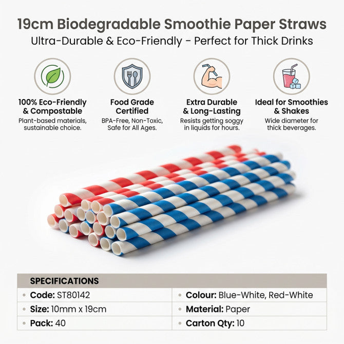 Biodegradable Smoothie Paper Straws 10MM x 190MM 40pack ST80142