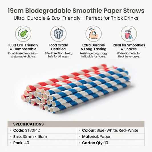 Biodegradable Smoothie Paper Straws 10mm x 190mm, Pack of 40, SKU ST80142
