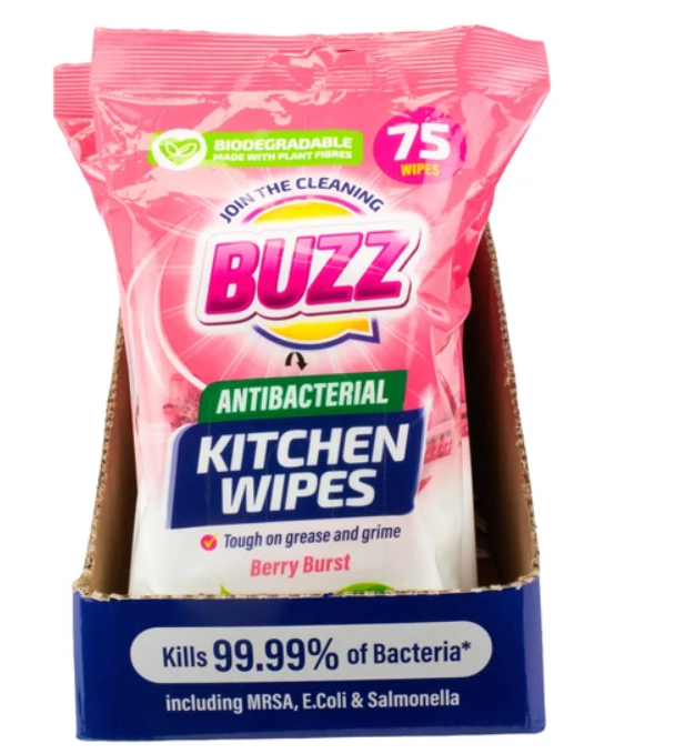 Buzz Biodegradable Kitchen Anti-Bac Wipes 75pk Berry Burst 324841