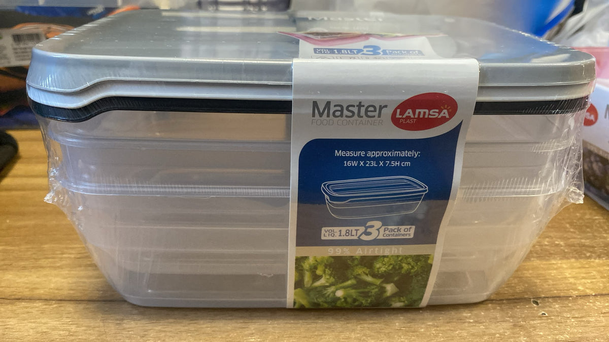 Lamsa Plast Master Plastic Food Containers for Meal Prep and Kitchen Storage 99% Airtight 3 Pack 1.8L 16x23x7.5cm 360g SKU MW-6222045905759-PP