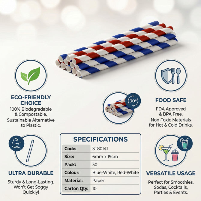 Biodegradable Paper Straws 6MM x 190MM 50pack ST80141