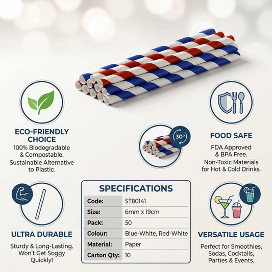 Biodegradable Paper Straws 6mm x 190mm, 50-Pack – Eco-Friendly Drinking Straws, SKU ST80141ST80141