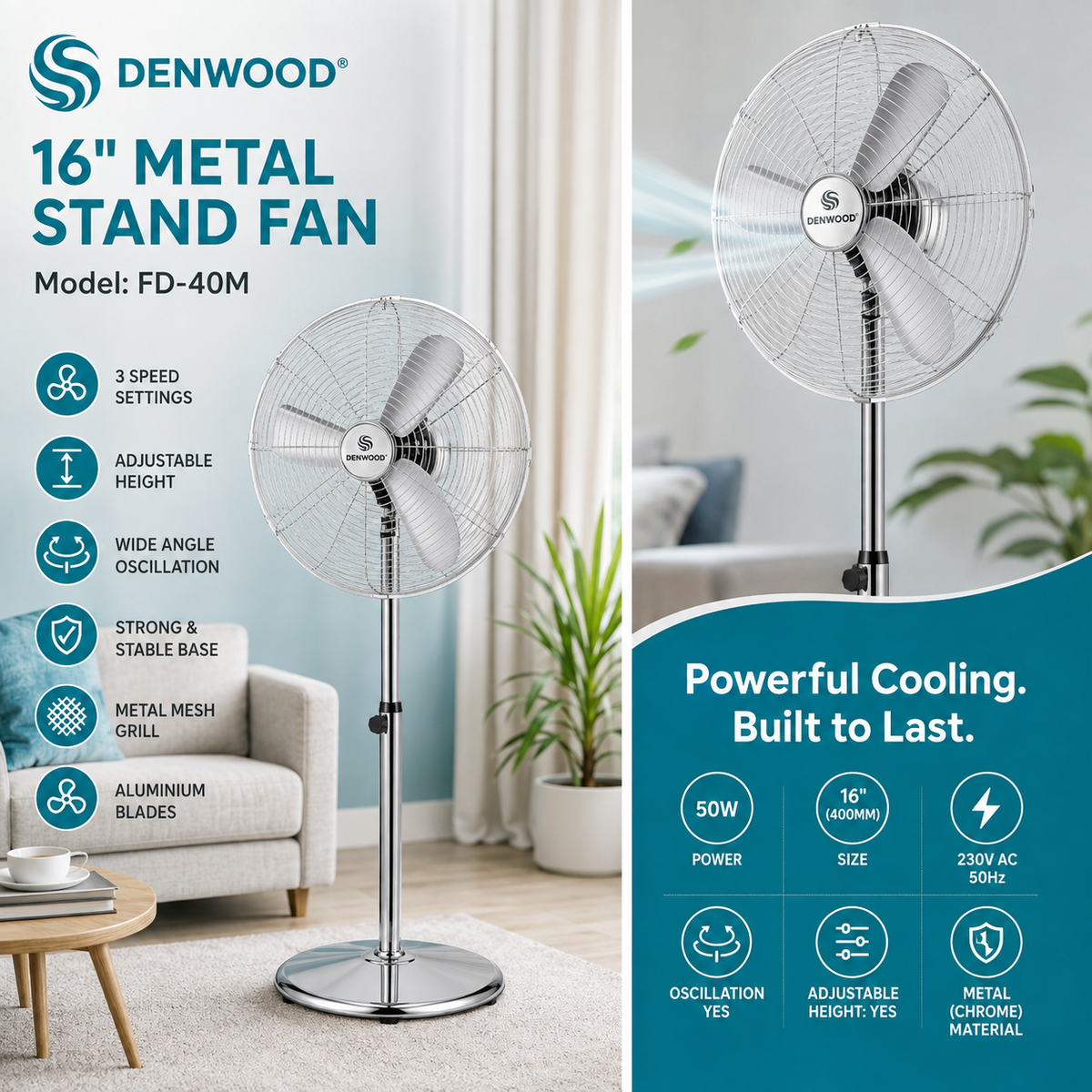 Denwood 16" Metal Stand Fan 400mm FD-40M 230V AC 50Hz