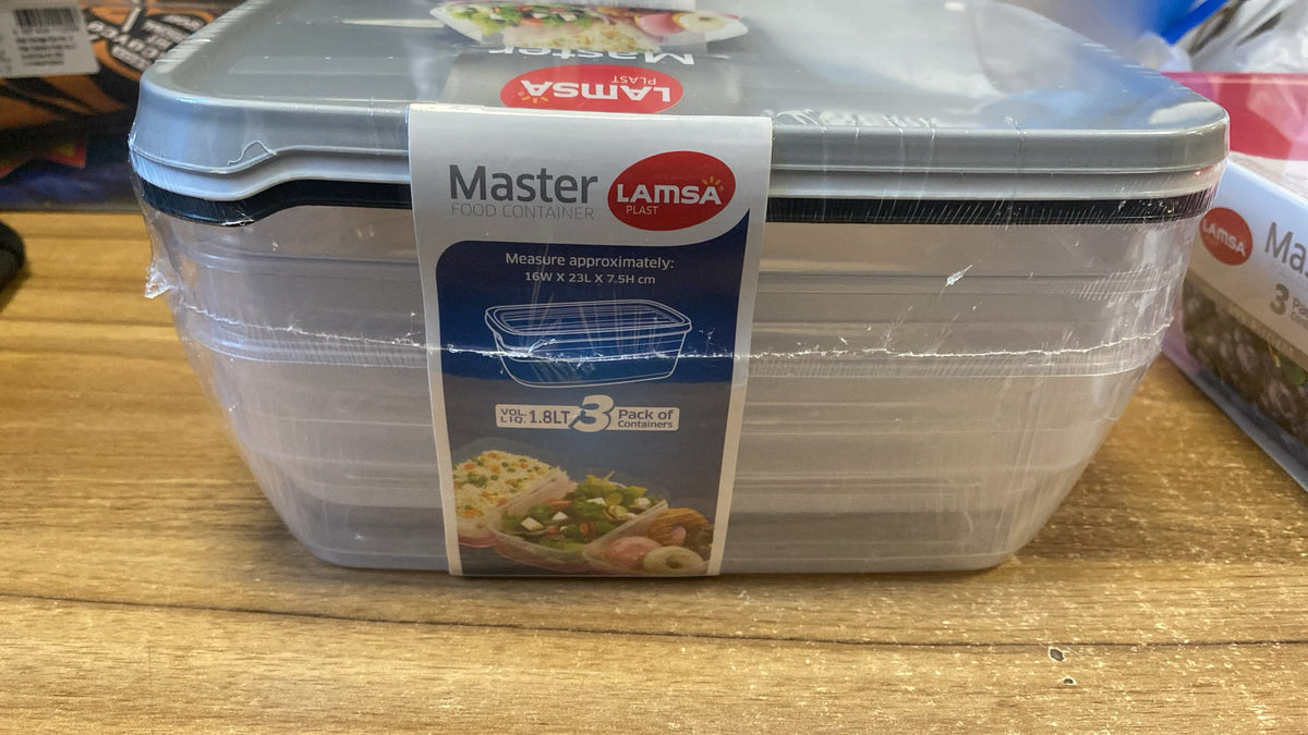 Lamsa Plast Master Plastic Food Containers for Meal Prep and Kitchen Storage 99% Airtight 3 Pack 1.8L 16x23x7.5cm 360g SKU MW-6222045905759-PP