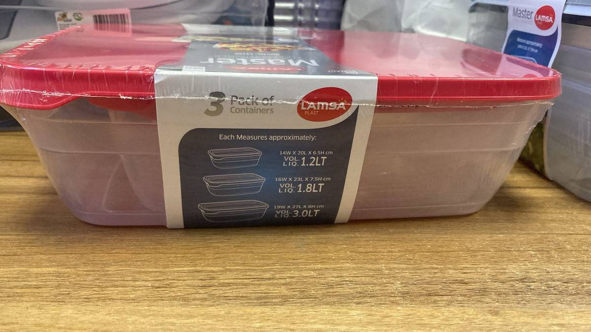 Lamsa Plast Master Plastic Food Containers for Kitchen Storage 3 Pack 99% Airtight Red 1.2L 1.8L 3.0L 375g SKU MW-6222045905735-PP