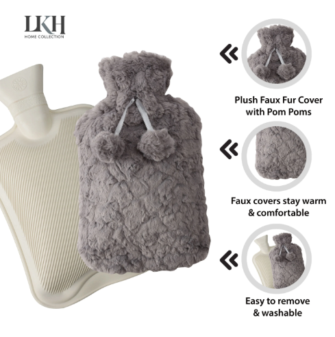 2L Hot Water Bottle with Faux Fur Cover & Pom Poms SKU 9242