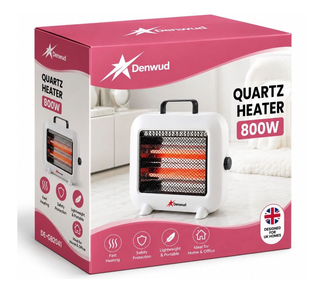 Denwud Quartz Heater – White, 2 Bar, 800W, Carry Handle SKU DEGB2041 / 2041