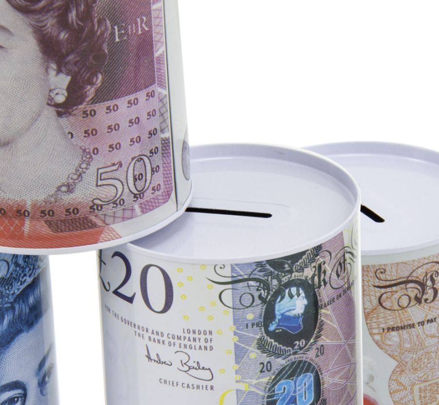 MTS75 Small Coin Money Tin Piggy Bank Savings Box 10 x 15cm Assorted Designs King / Queen 4839 (Parcel Rate)