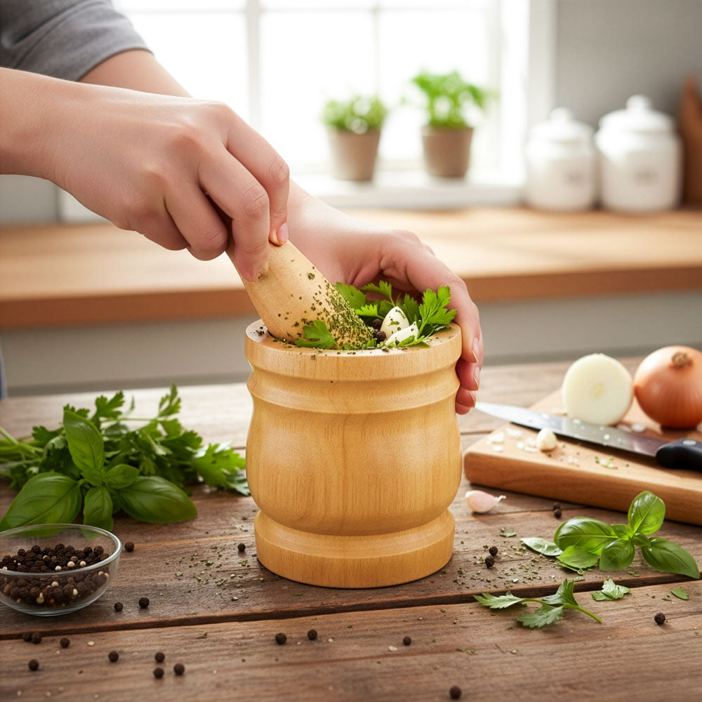 Durane Wooden Mortar & Pestle Medium 13 x 15cm Light Wood 5922 (Parcel Rate)