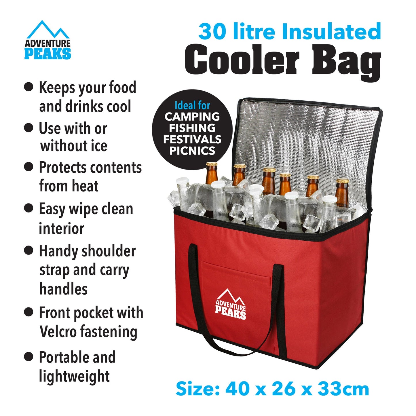 Insulated Camping Cooler Bag 30L 40 x 26 x 33cm Red 6606 (Parcel Rate)