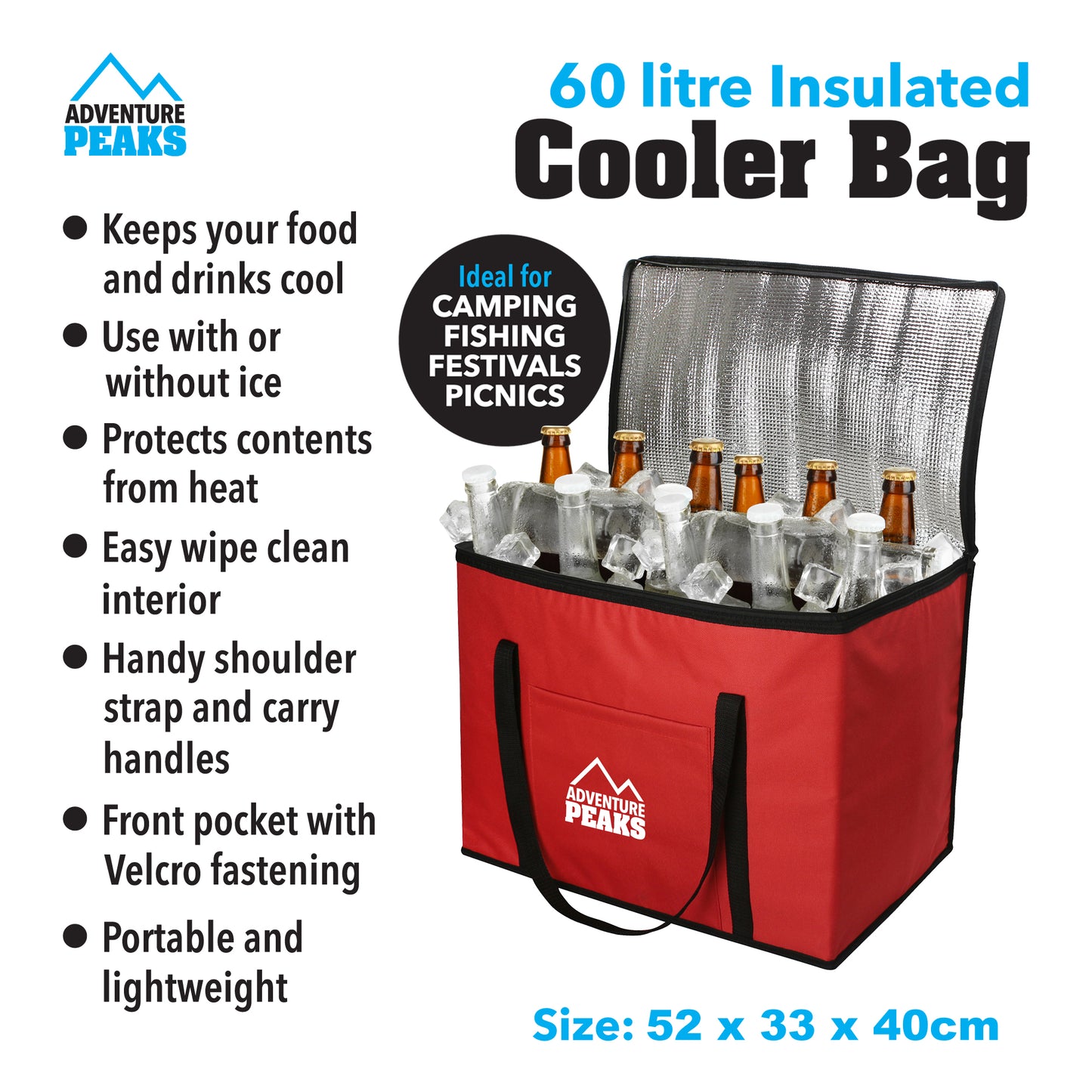 Insulated Camping Cooler Bag 60L 52 x 33 x 40cm Red 6632 (Parcel Rate)