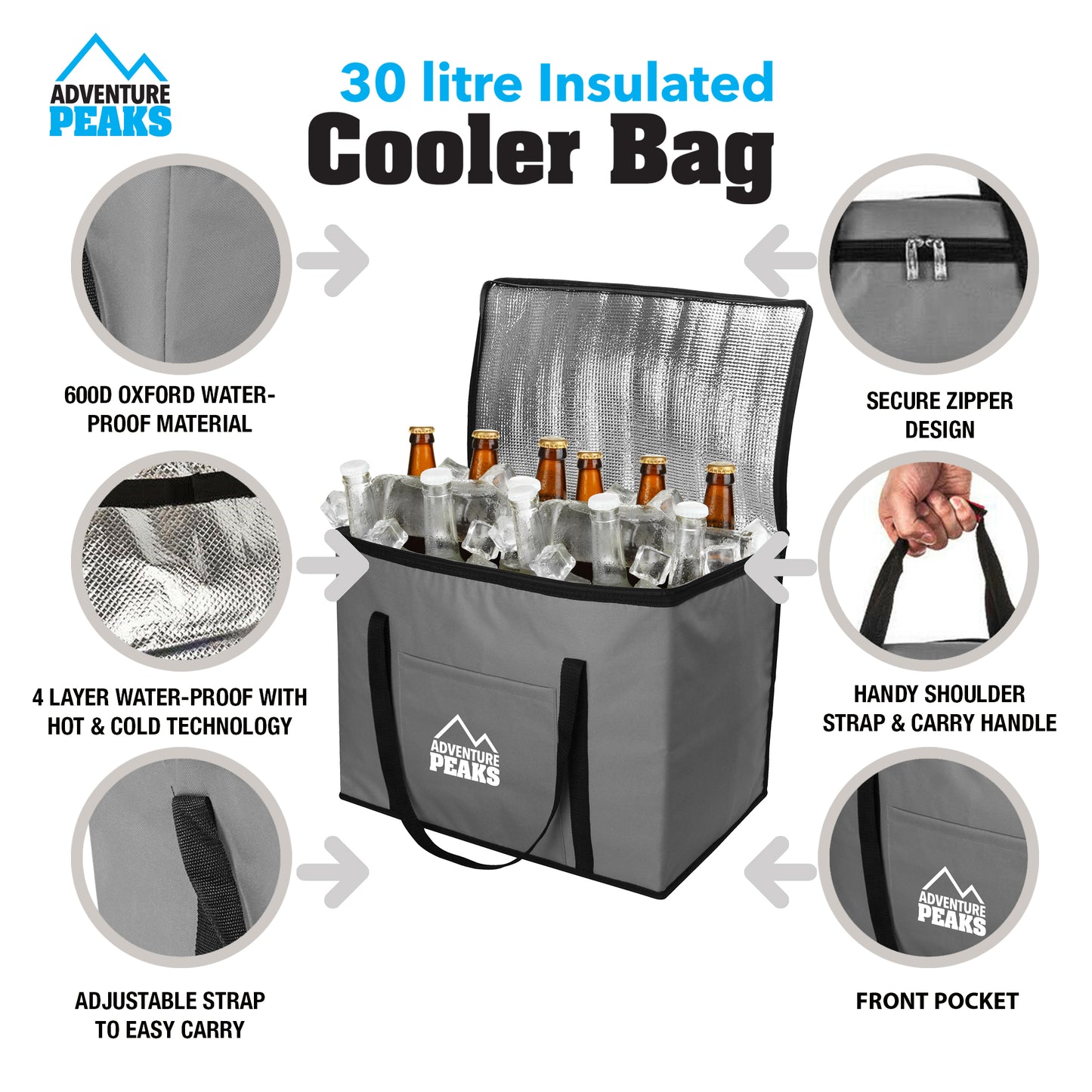 Insulated Camping Cooler Bag 30L 40 x 26 x 33cm Grey 6633 (Parcel Rate)