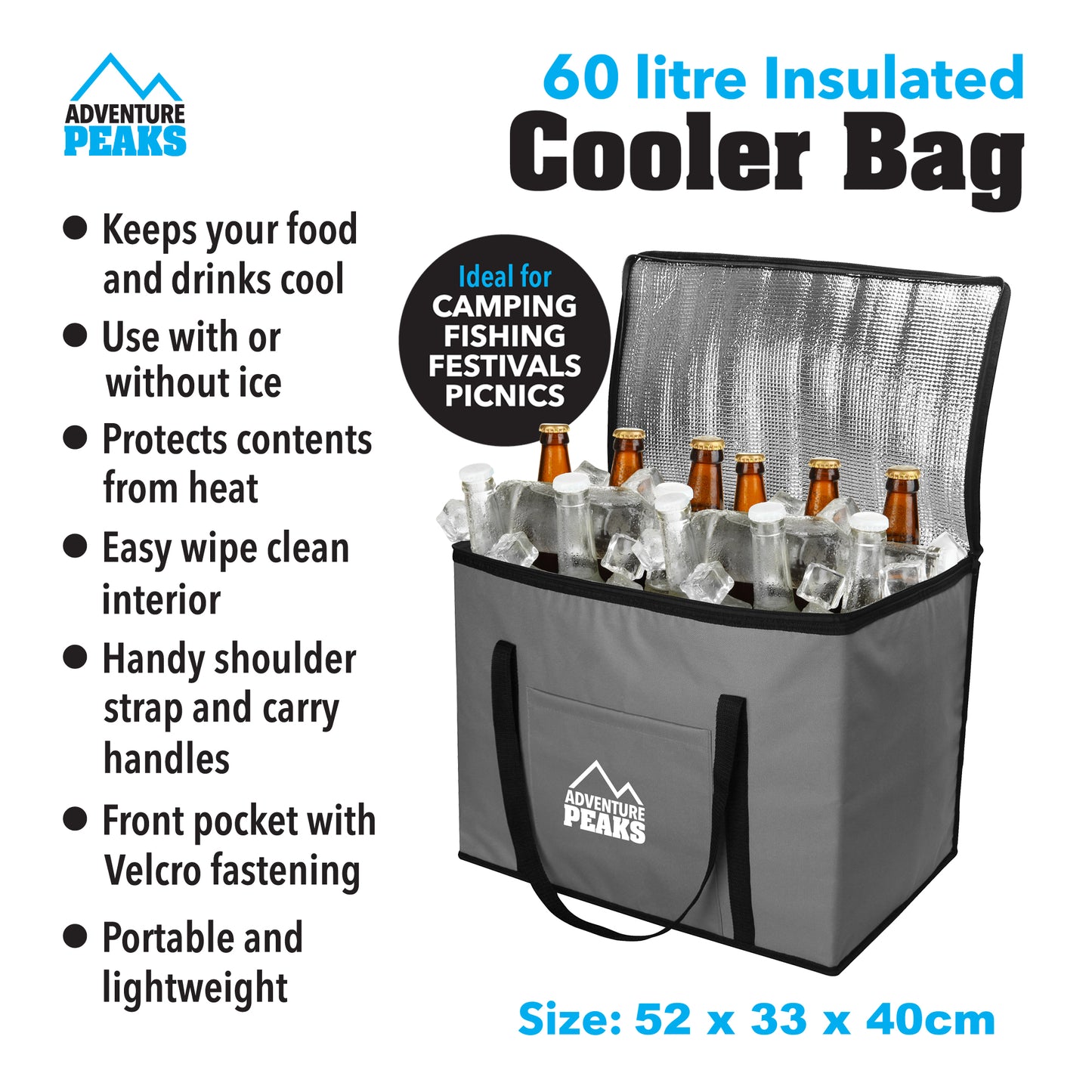 Insulated Camping Cooler Bag 60L 52 x 33 x 40cm Grey 6635 (Parcel Rate)