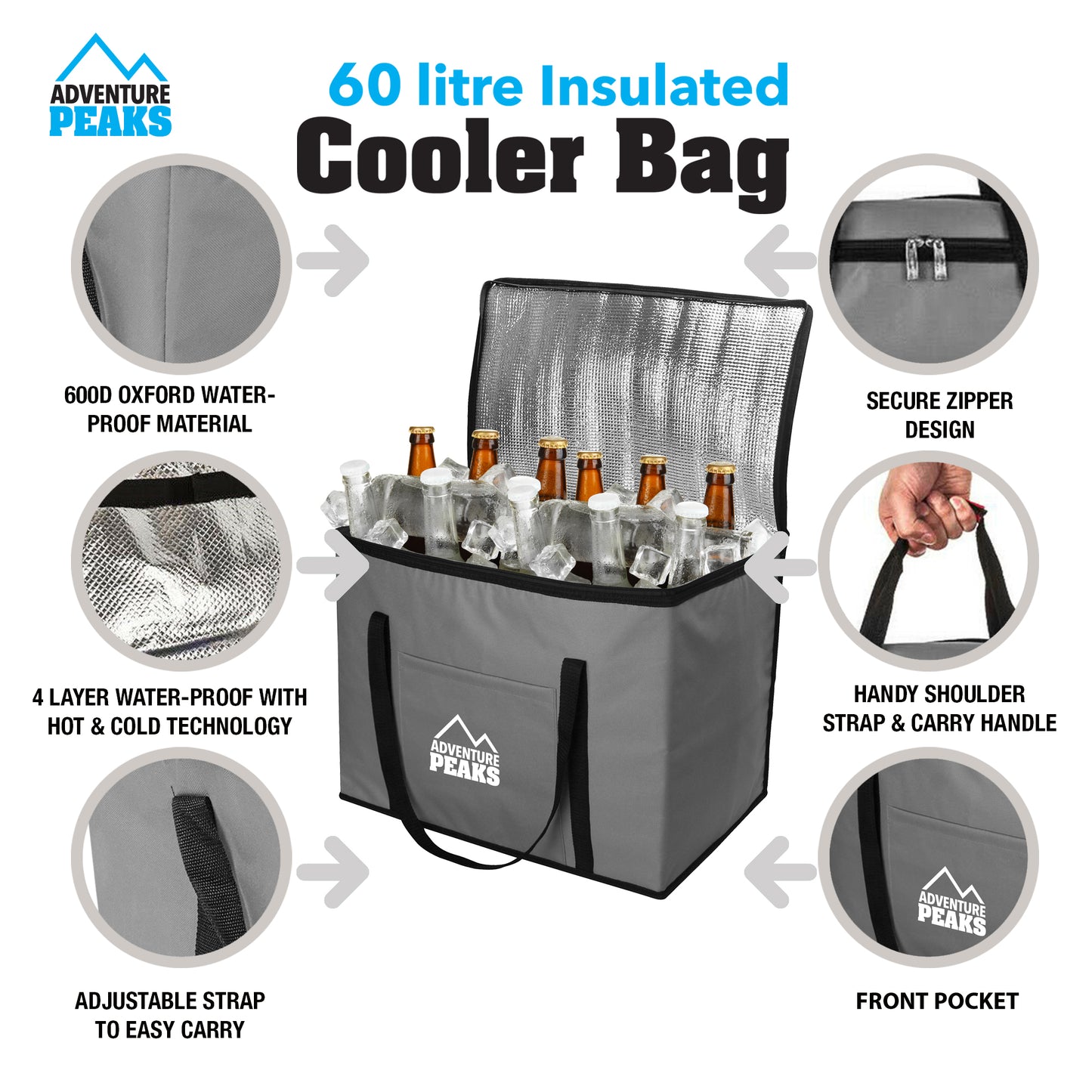 Insulated Camping Cooler Bag 60L 52 x 33 x 40cm Grey 6635 (Parcel Rate)