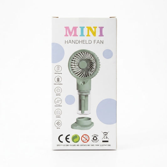 Water Spray Mini Handheld Fan with Phone Stand – 1.5-2.5W, 3.7V Battery, USB Charge, SG-9062