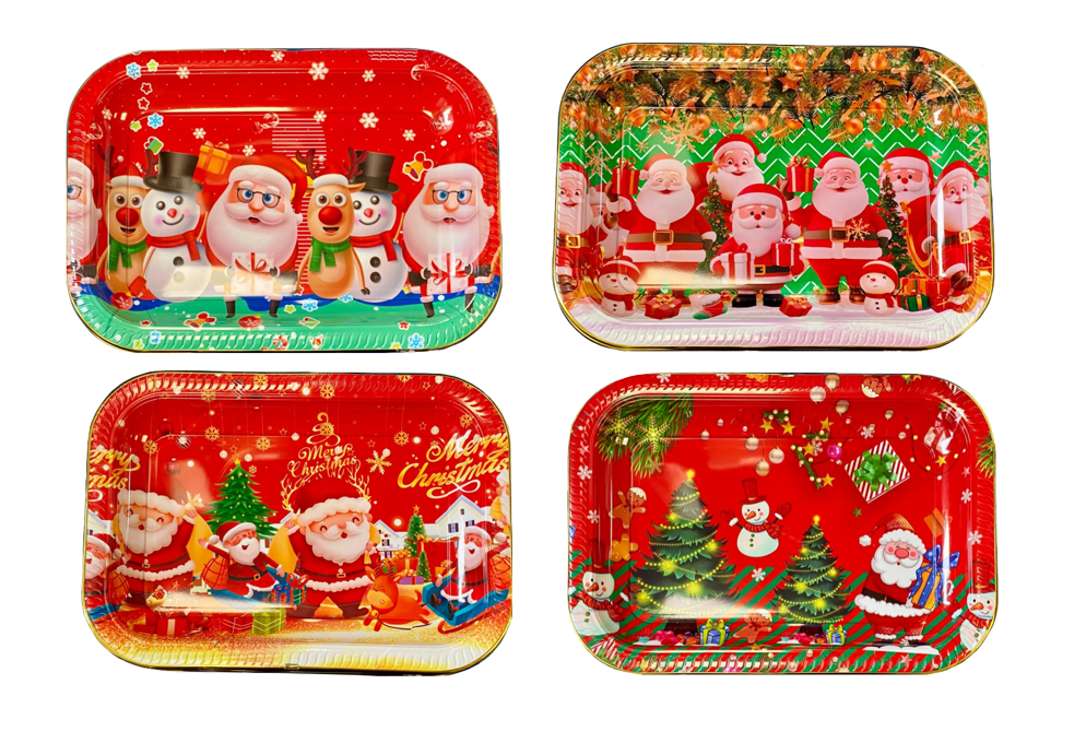 Plastic Festive Christmas Serving Tray with Printed Design and Gold Rim 41.5 x 30 x 4cm Assorted Designs 8028 (Parcel Rate)
