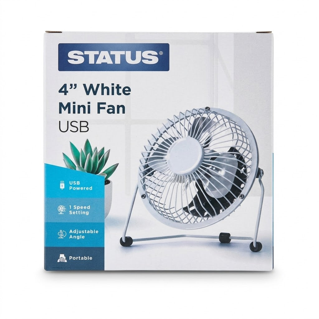 4" White Mini USB Fan, 14.5 x 8 x 14.5 cm, Metal Frame, SKU SusBWHEFAN1PKB4