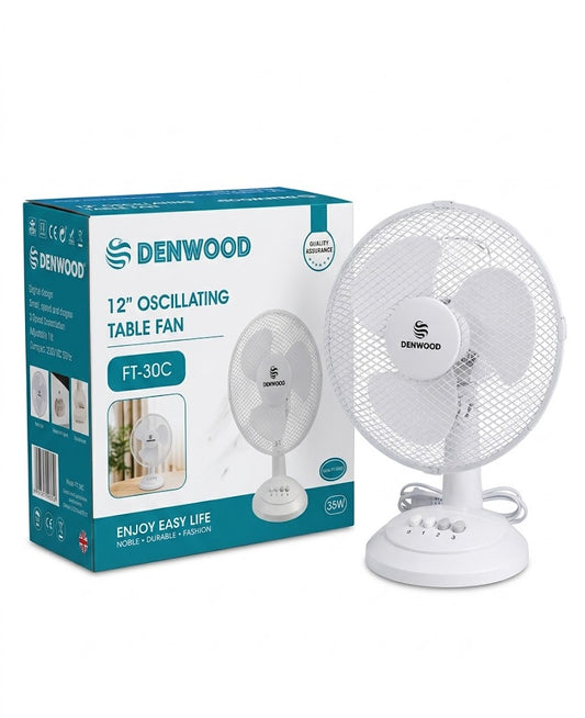 Denwood 12" Oscillating Table Fan, 35W Desk Fan with 3 Speed Settings, Adjustable Tilt, White, SKU F17.50