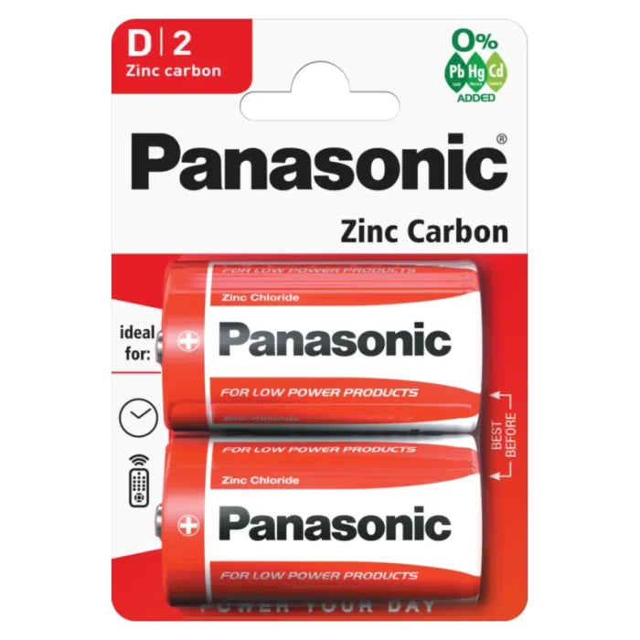 2x Panasonic D Batteries Zinc Carbon R20 1.5V Battery PANAR20RB2 A ...
