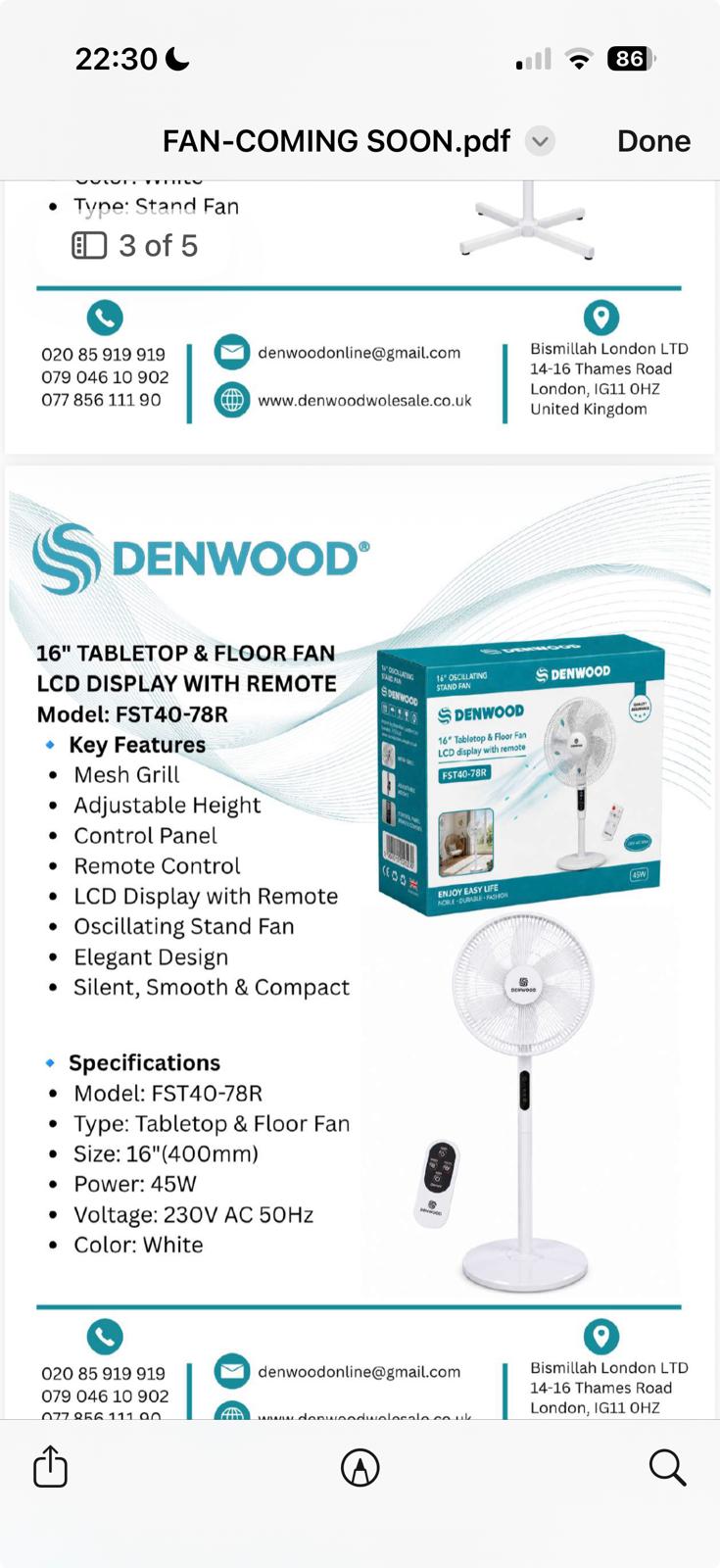 16" Tabletop & fllor Fan Lcd Display With Remote Black or White FST40-78R F40
