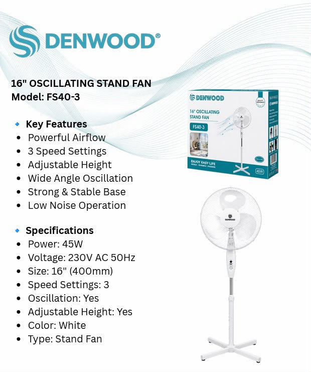 16 " Inche Denwood  Fan Oscillating Stand Fan Moedel : FS40-3 SKU F20