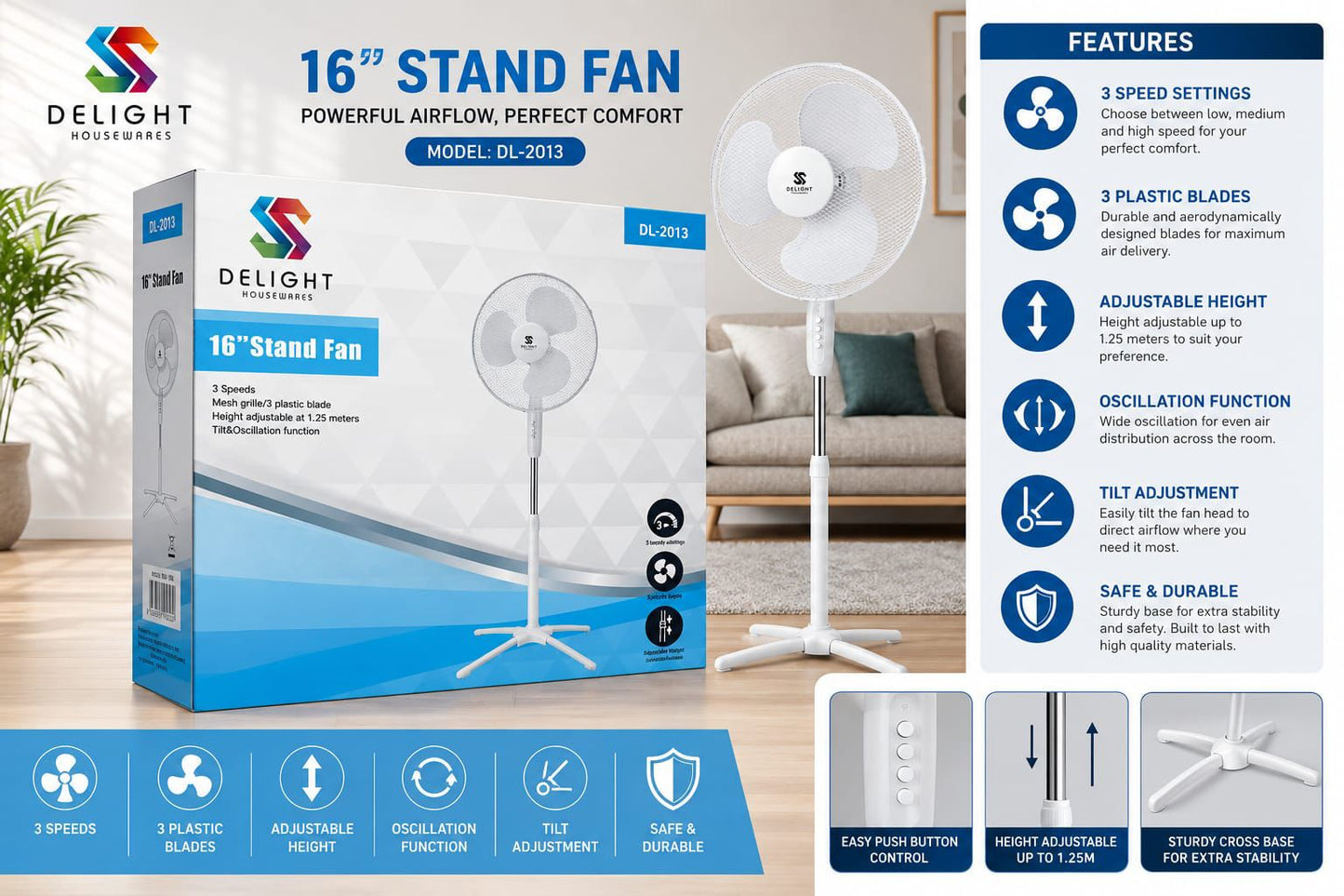 16" Cross Base Stand Fan, 3 Speed Settings, White – SKU DL2013/F1250