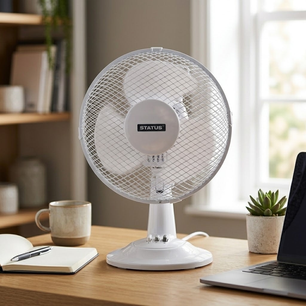 Status 9" Oscillating Desk Fan – 2 Speed Settings, Adjustable Tilt, Portable with Carry Handle, 22W, White – SKU S9DESKFANPKB/T9