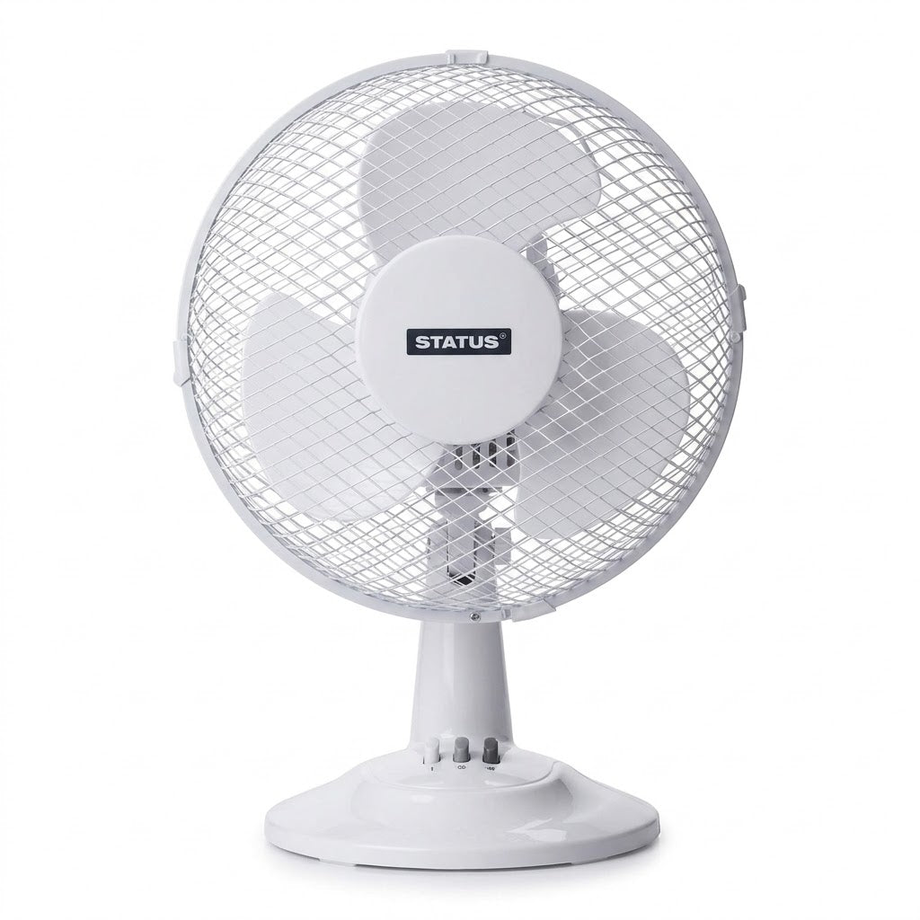 Status 9" Oscillating Desk Fan – 2 Speed Settings, Adjustable Tilt, Portable with Carry Handle, 22W, White – SKU S9DESKFANPKB/T9