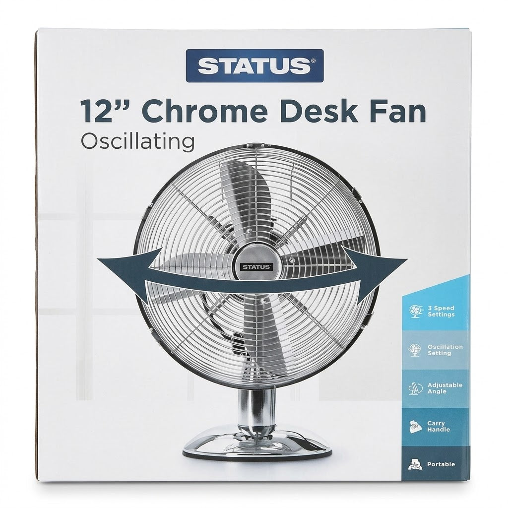 STATUS 12" Chrome Oscillating Desk Fan – 3 Speed Settings, Adjustable Tilt, Carry Handle, 35W, 34 x 25 x 42 cm, SKU S12CDESKFAN1PKB/M12