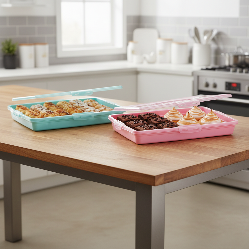 Plastic Cake Pastry Party Brownie Tray Storage Carry Box with Cover 45 x 30 x 10 cm Assorted Colours D30307 (Parcel Rate)