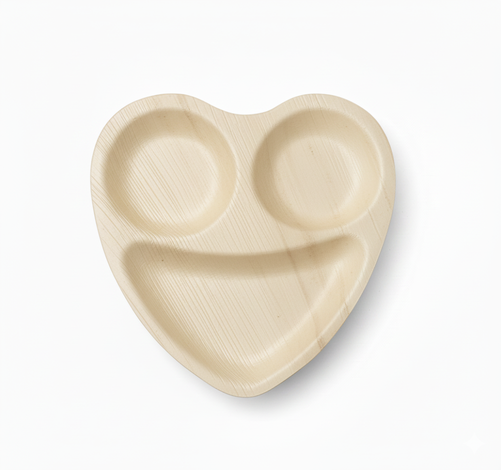 Biodegradable Disposable Areca Palm Leaf Smiley Heart 3 Compartment Plates 10" Pack of 5 EC1253 (Parcel Rate)