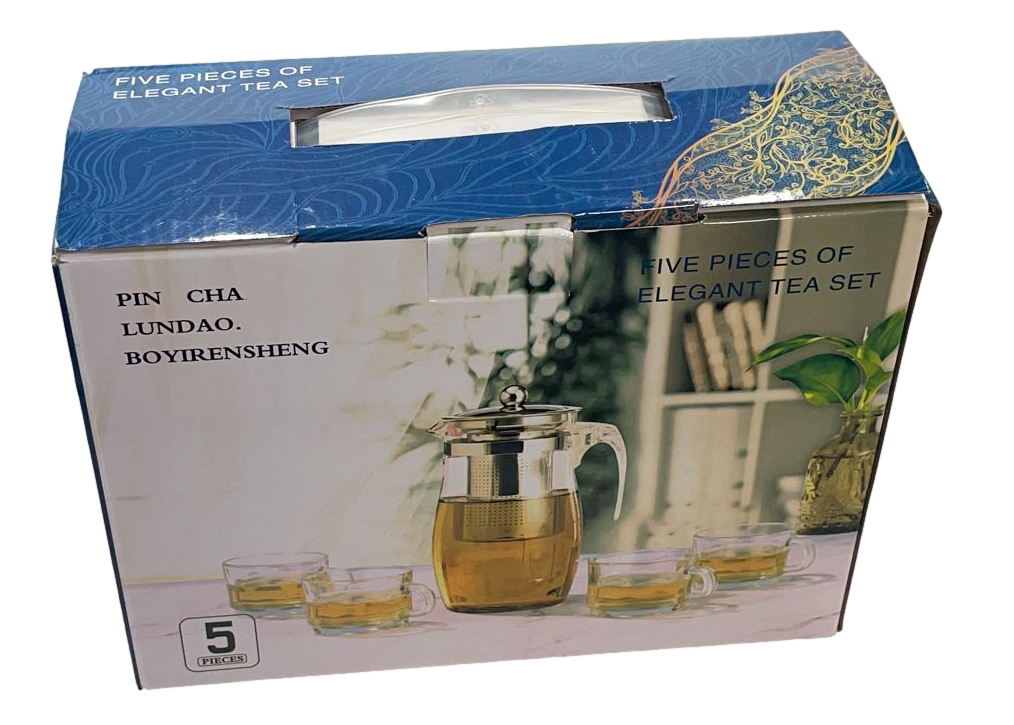 Elegant Glass Tea Pot with 4 Tea Cups Set of 5 Pieces 6661 (Parcel Plus Rate)